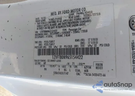 2006 Ford Mustang V6 z USA, uszkodzony, nr VIN 1ZVFT80N965154422